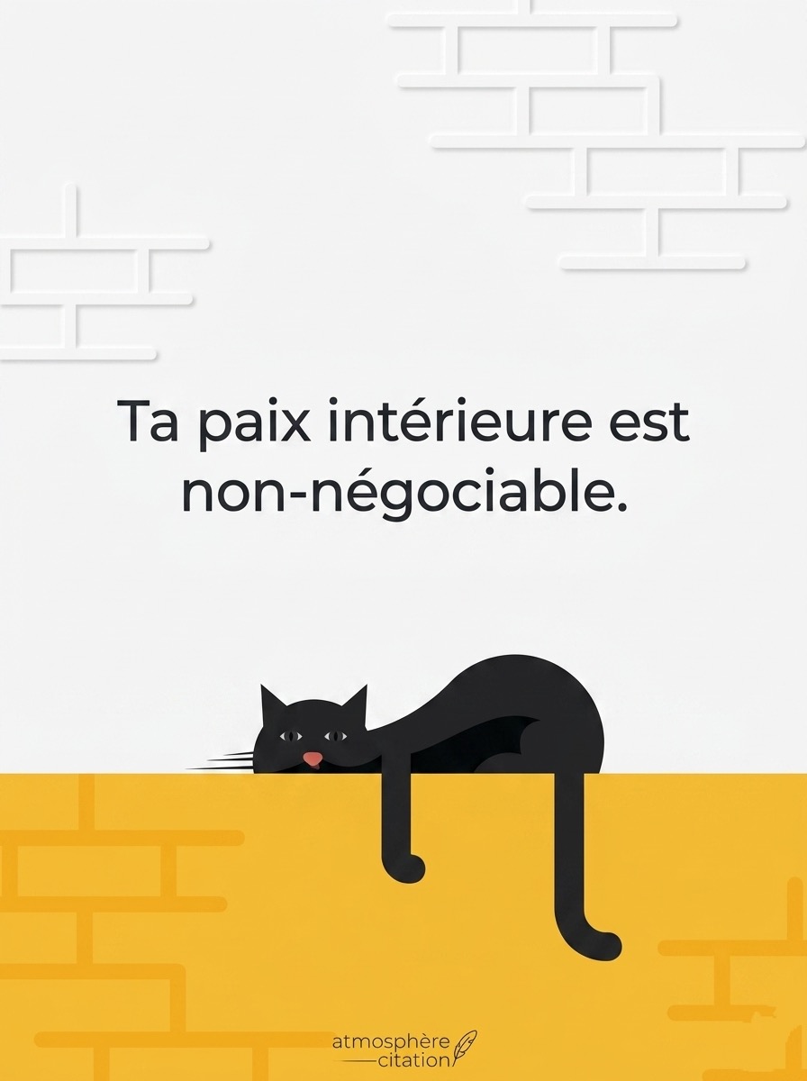 Illustration minimaliste d'un chat noir allongé sur un mur jaune avec des briques en arrière-plan, affichant la citation inspirante : "Ta paix intérieure est non négociable."