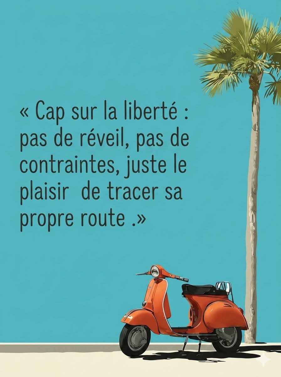 Illustration vintage d'un scooter Vespa orange garé sous un palmier sur fond bleu turquoise avec la citation « Cap sur la liberté : pas de réveil, pas de contraintes, juste le plaisir de tracer sa propre route ».