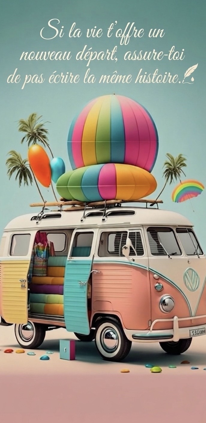 Camionnette rétro pastel surmontée de ballons gonflables multicolores, prête pour une nouvelle aventure, illustrant une citation sur le nouveau départ.