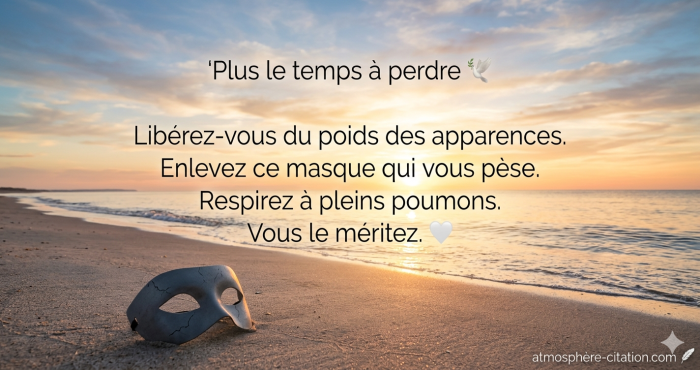 Citation inspirante sur fond de lever de soleil avec un masque abandonné sur la plage : Plus le temps à perdre, libérez-vous du poids des apparences.⁠