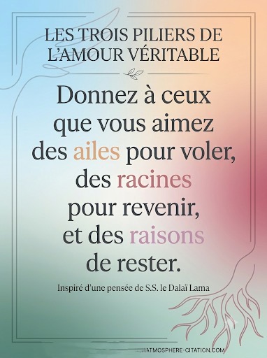 Infographie textuelle illustrant les trois piliers de l'amour inconditionnel selon le Dalai Lama : des ailes, des racines et des raisons de rester.