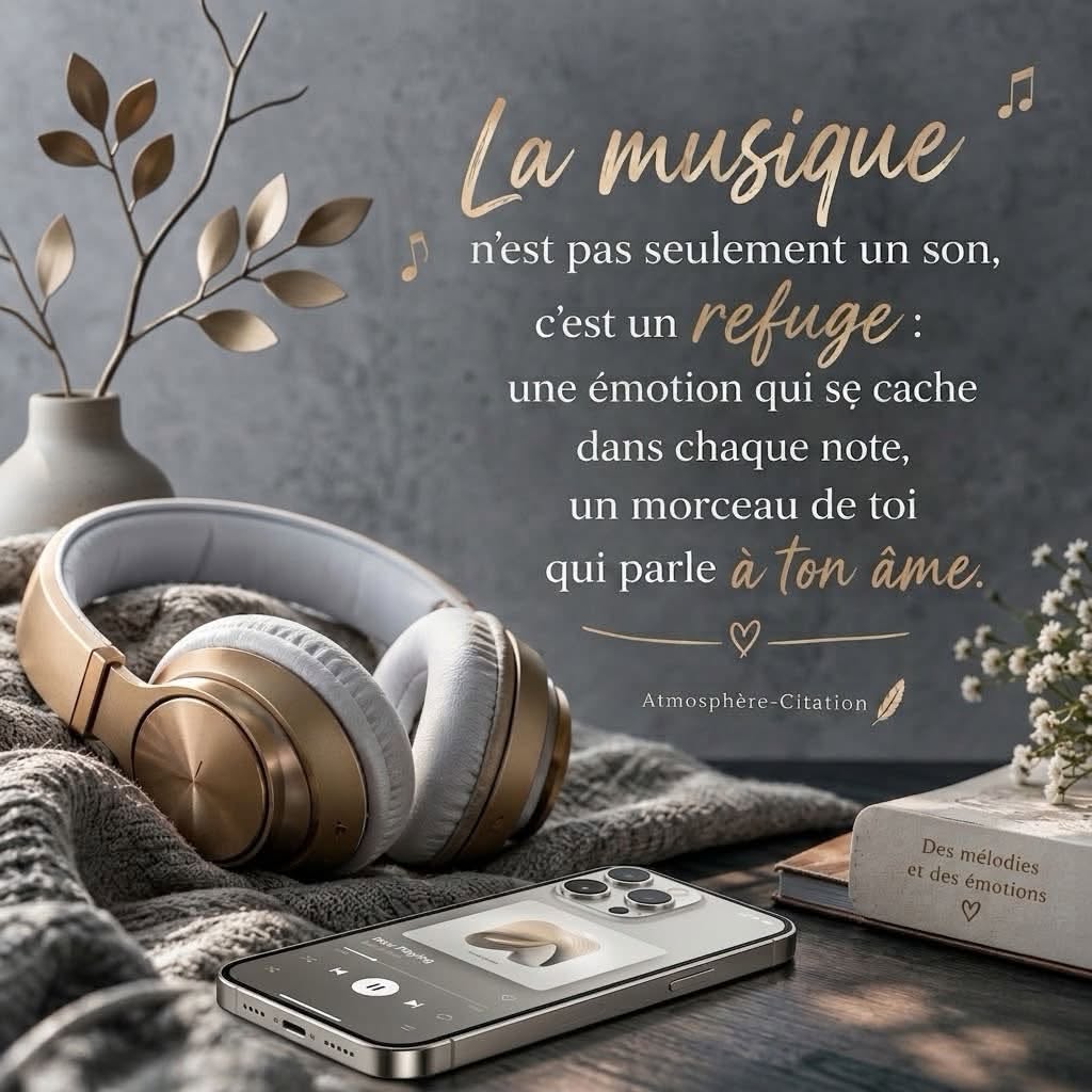 Citation sur la musique : La musique n'est pas seulement un son, c'est un refuge qui parle à ton âme - Atmosphère Citation. Casque d'écoute et téléphone sur une couverture douce.